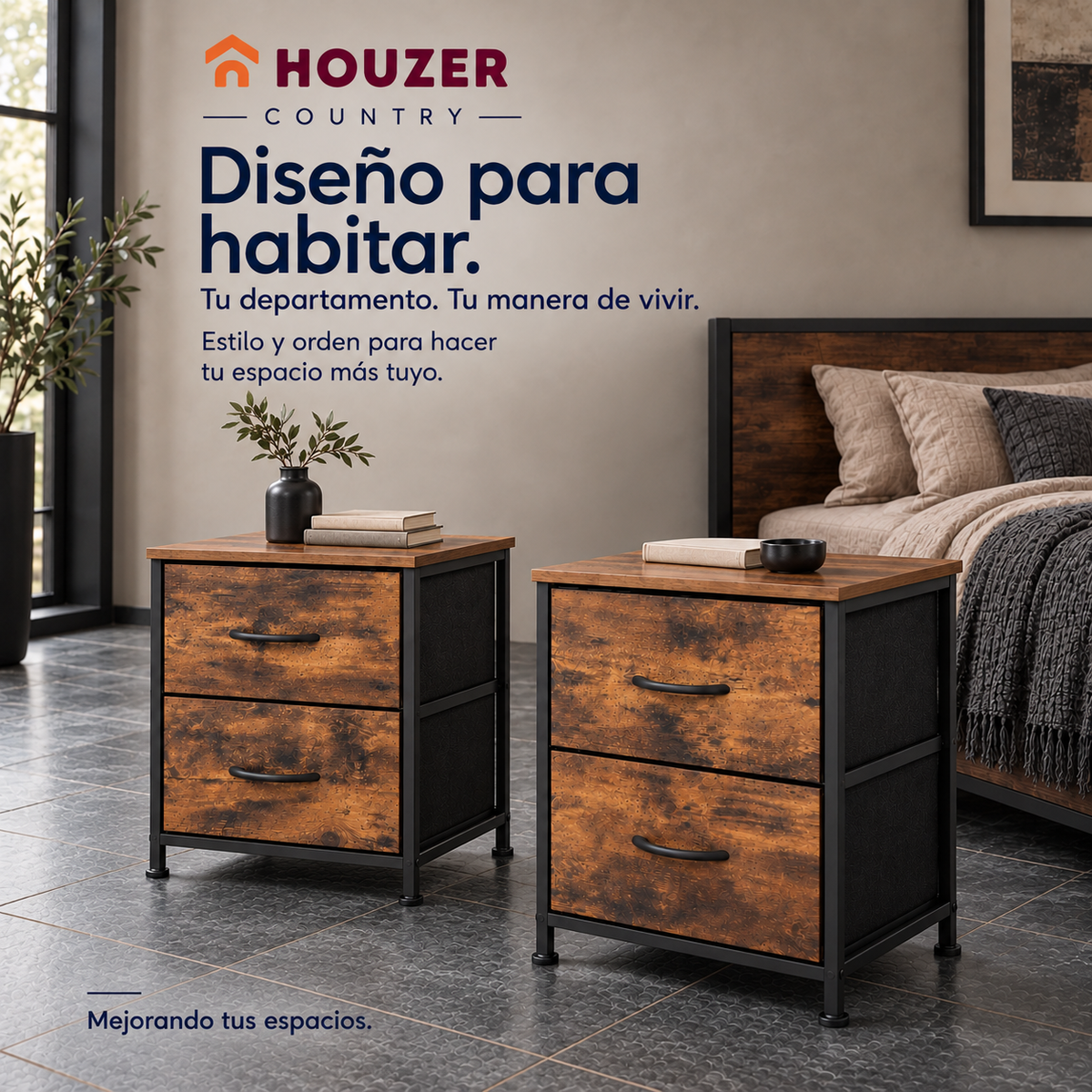 Set De 2 Buros Mesas De Noche 4 Cajones Organizador Acero Country