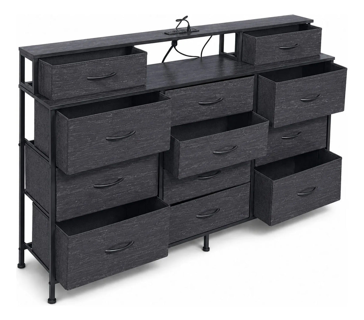 Comoda Cajonera 12 Cajones Tela Enchufes Usb Luz Led Rgb Negro