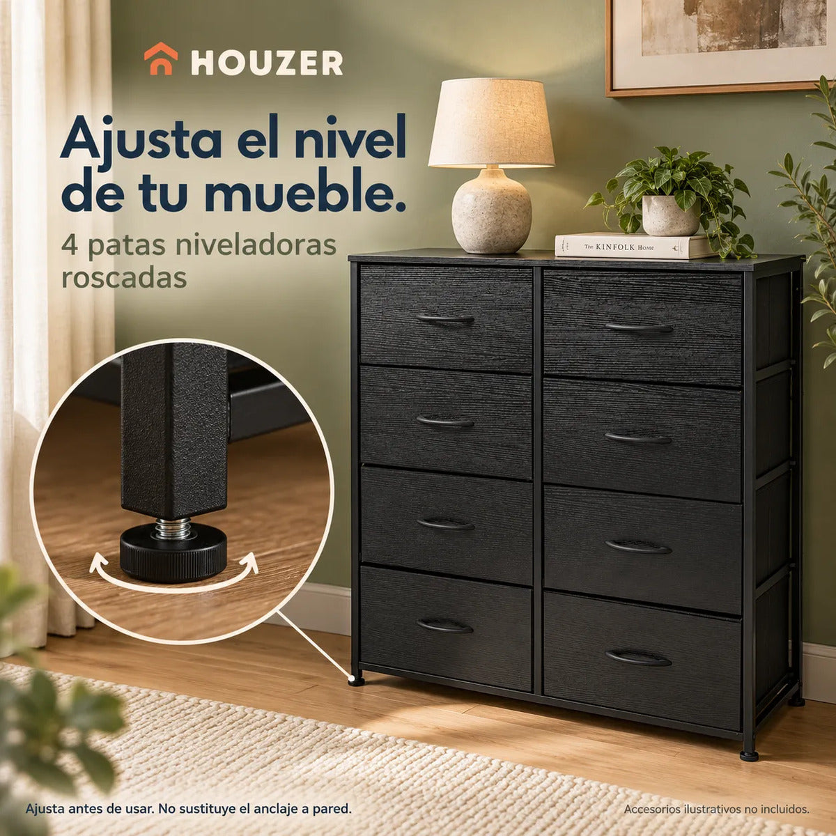 Comoda Cajonera Organizador Vertical 8 Cajones Acero Repisa Negro