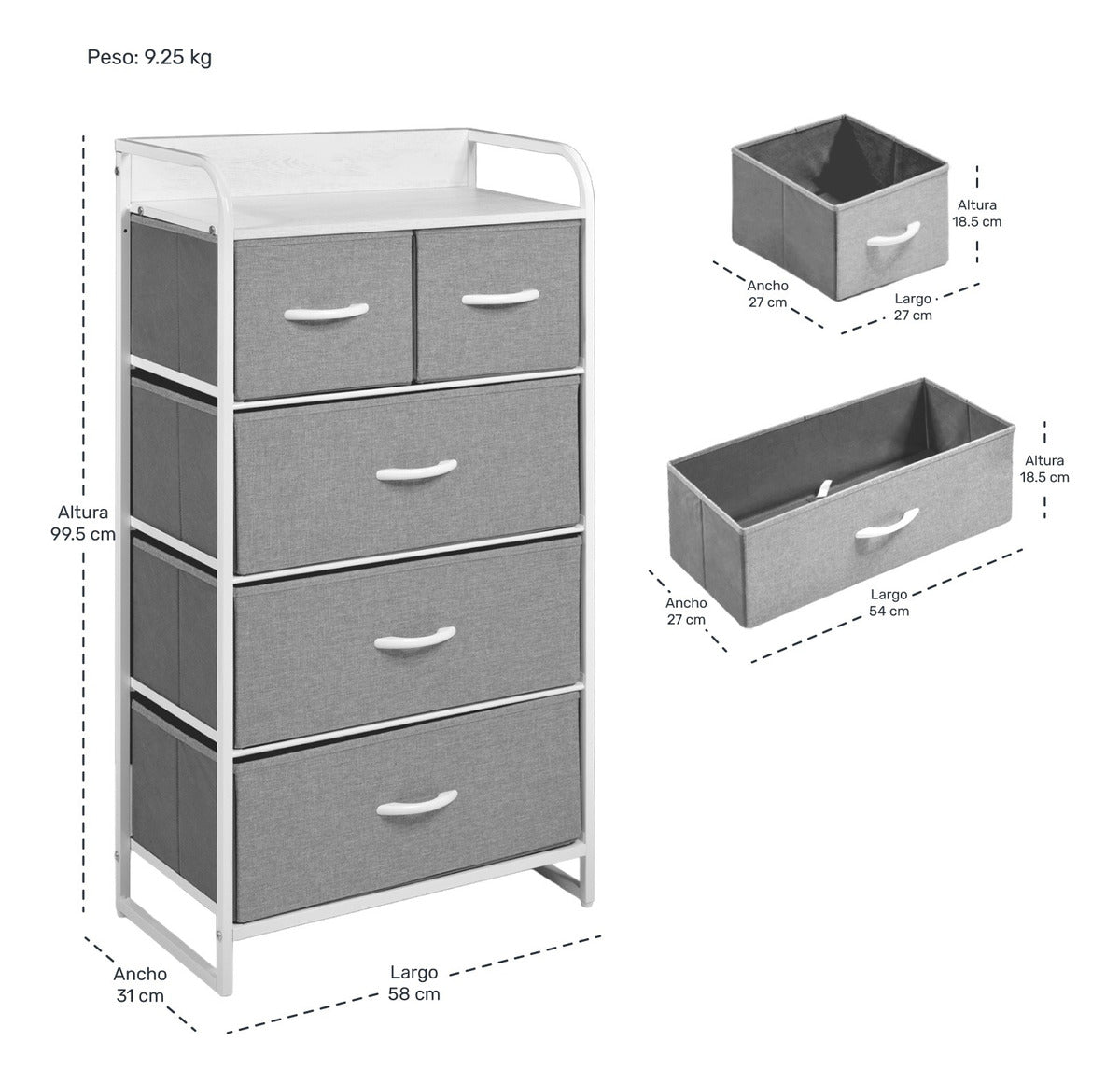 Mueble Buro Organizador Comoda 5 Cajoneras Tela Moderno Color Gris