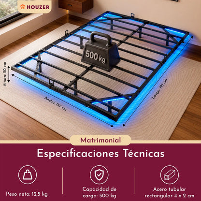 Base Cama Flotante Matrimonial Size Con Luces Led+app 191 Cm Negro