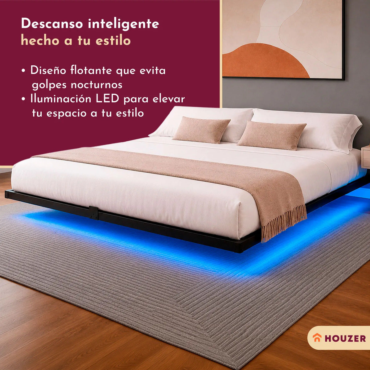 Base Cama King Flotante Reforzada 1000kg Led 202x192x20cm Negro