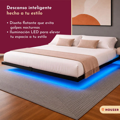 Base Cama King Flotante Reforzada 1000kg Led 202x192x20cm Negro