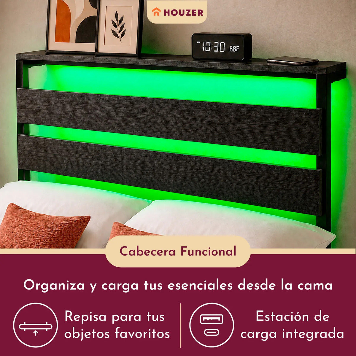 Base Cama Individual Moderna Luz Led Usb C Reforzada 300kg Negro