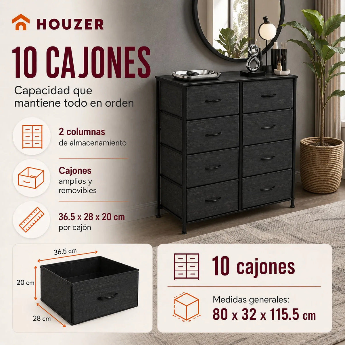 Comoda 10 Cajones Estructura Acero Cajonera Organizadora Negro