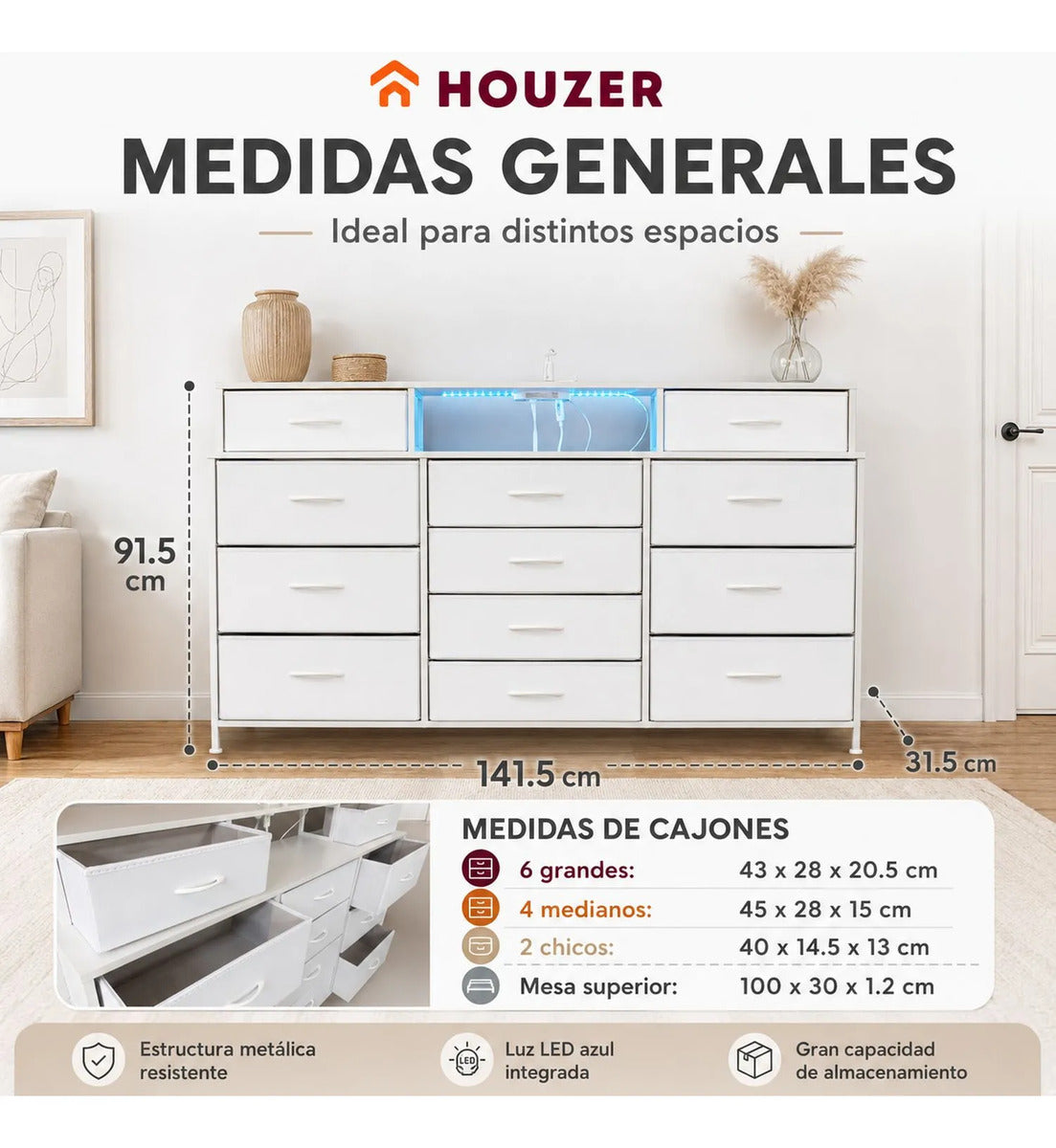 Comoda Cajonera 12 Cajones Tela Enchufes Usb Luz Led Rgb Blanco