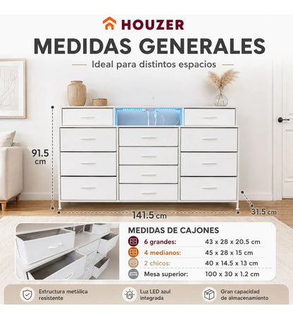 Comoda Cajonera 12 Cajones Tela Enchufes Usb Luz Led Rgb Blanco