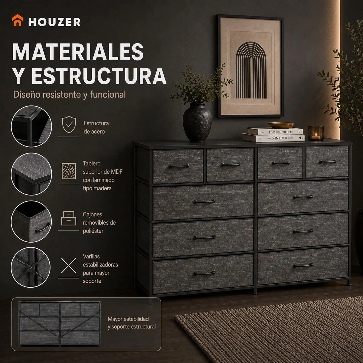 Cómoda Cajonera 10 Cajones Tela Marco Acero Organizador
