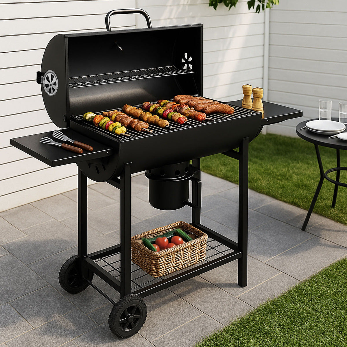Asador Carne Parrilla Carbon Bbq Movil Termometro Cenicero