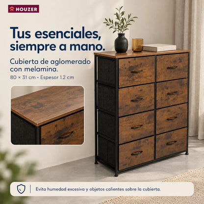Comoda Cajonera Organizador Vertical 8 Cajones Acero Repisa Marrón