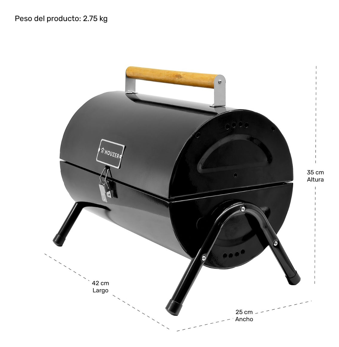 Asador Carbon Portatil Tipo Barril Negro 2 Parrillas 42x35