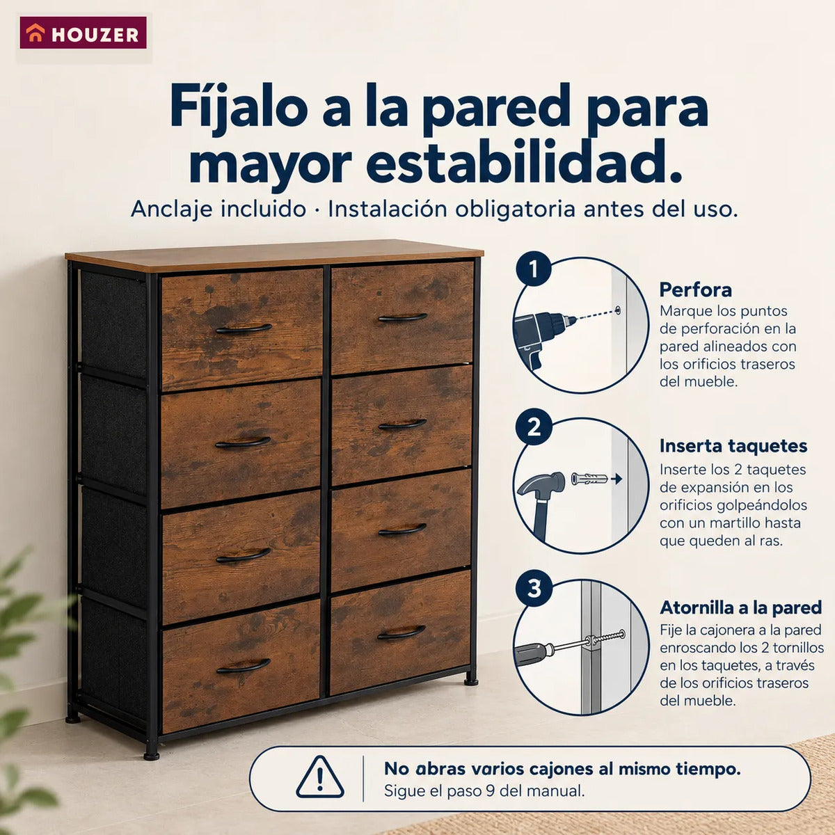 Comoda Cajonera Organizador Vertical 8 Cajones Acero Repisa Marrón