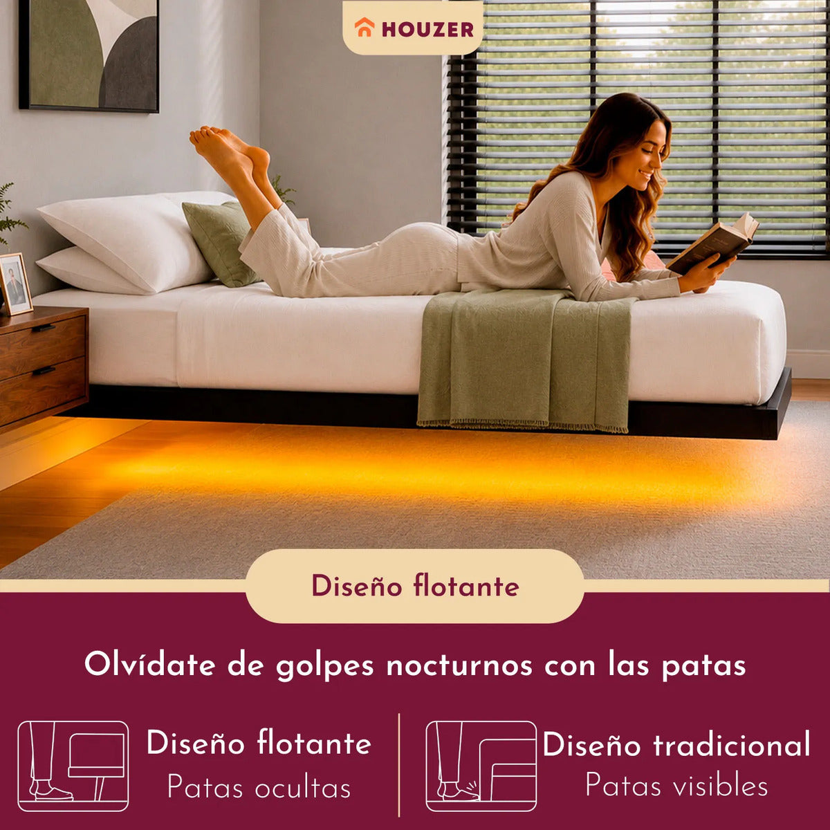 Base Cama Flotante Individual 300kg App Luz Led 190x99x20cm Negro