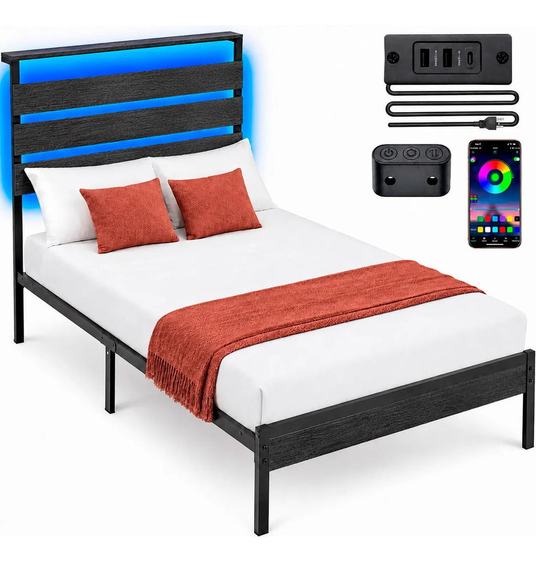 Base Cama Individual Moderna Luz Led Usb C Reforzada 300kg Negro