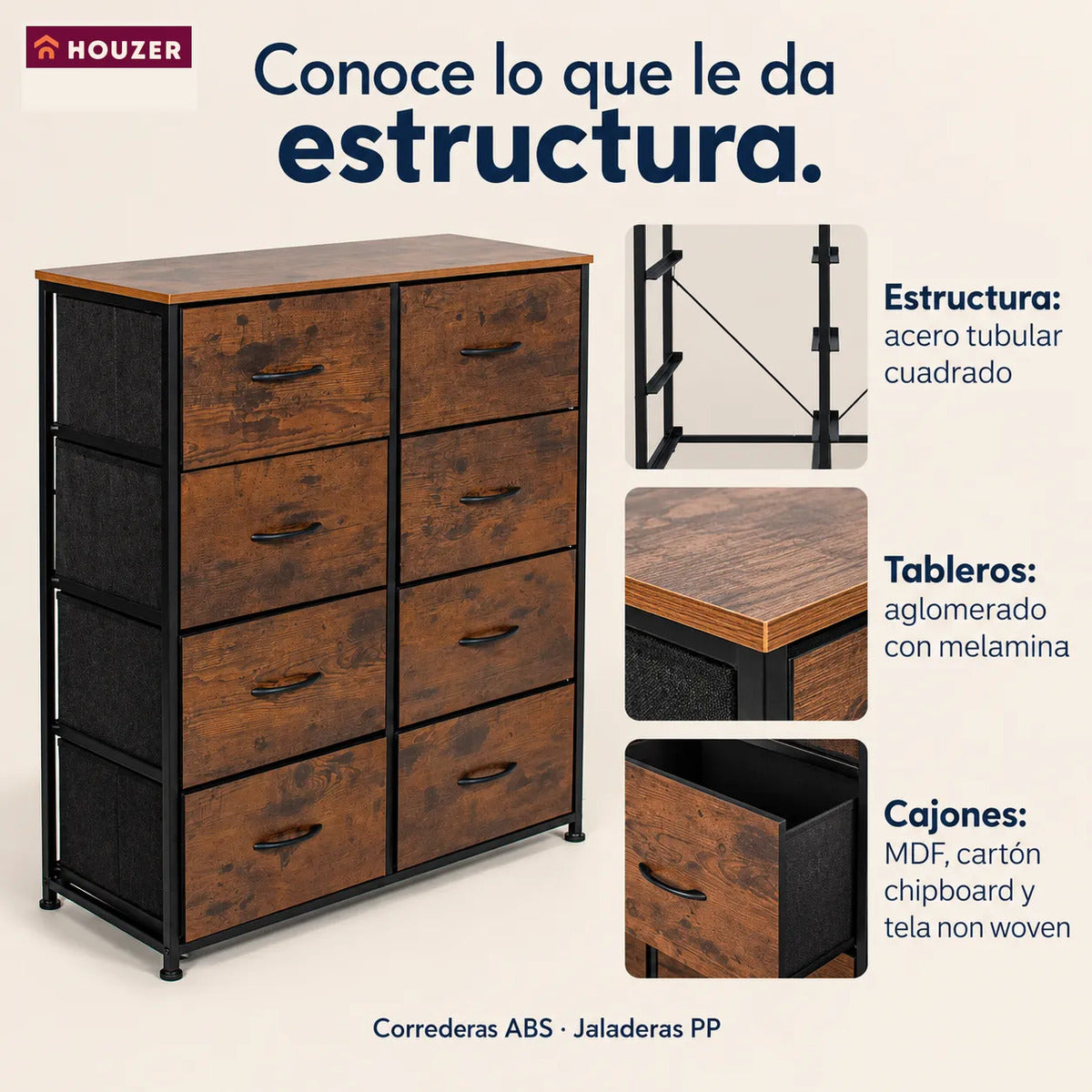 Comoda Cajonera Organizador Vertical 8 Cajones Acero Repisa Marrón