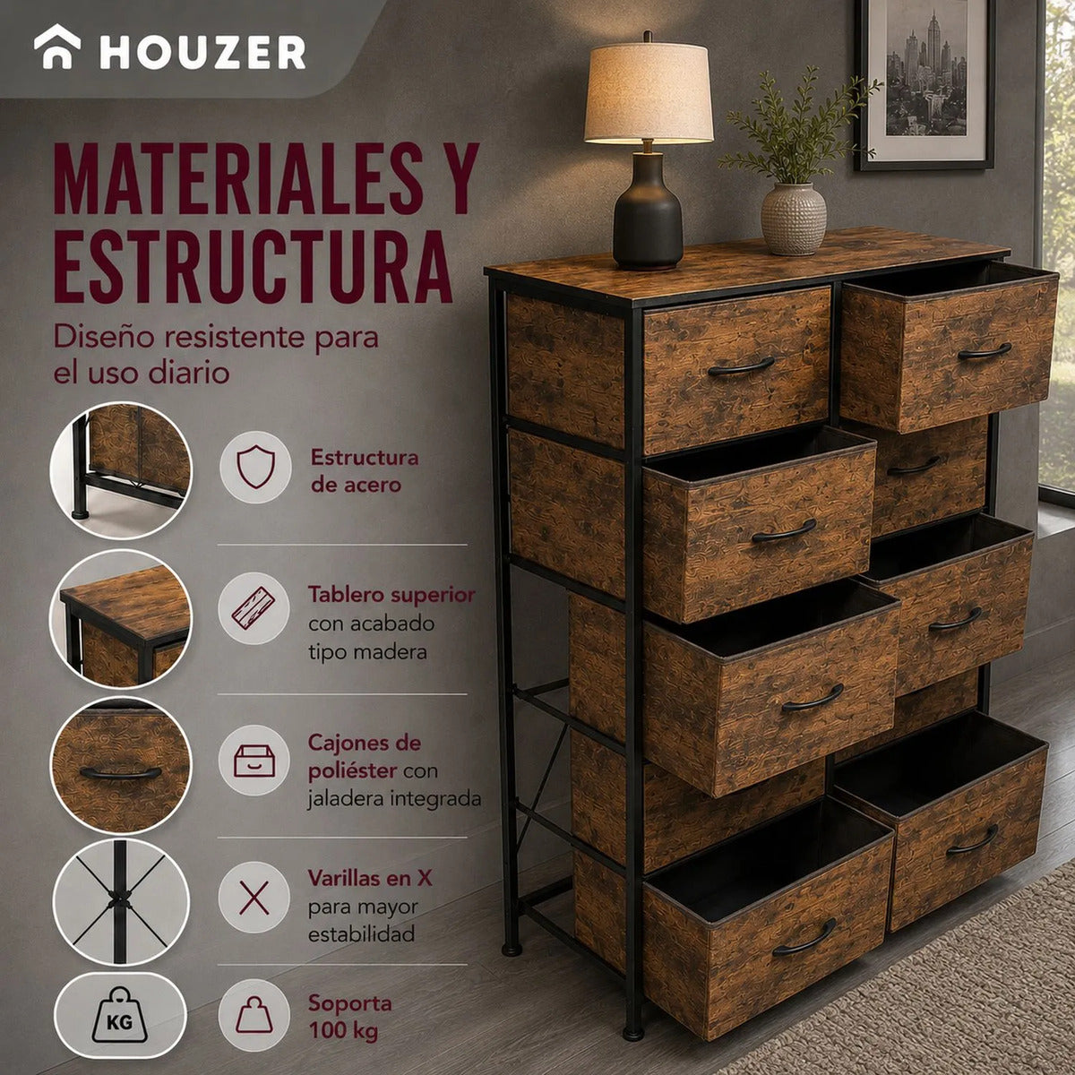 Comoda 10 Cajones Estructura Acero Cajonera Organizadora Marrón