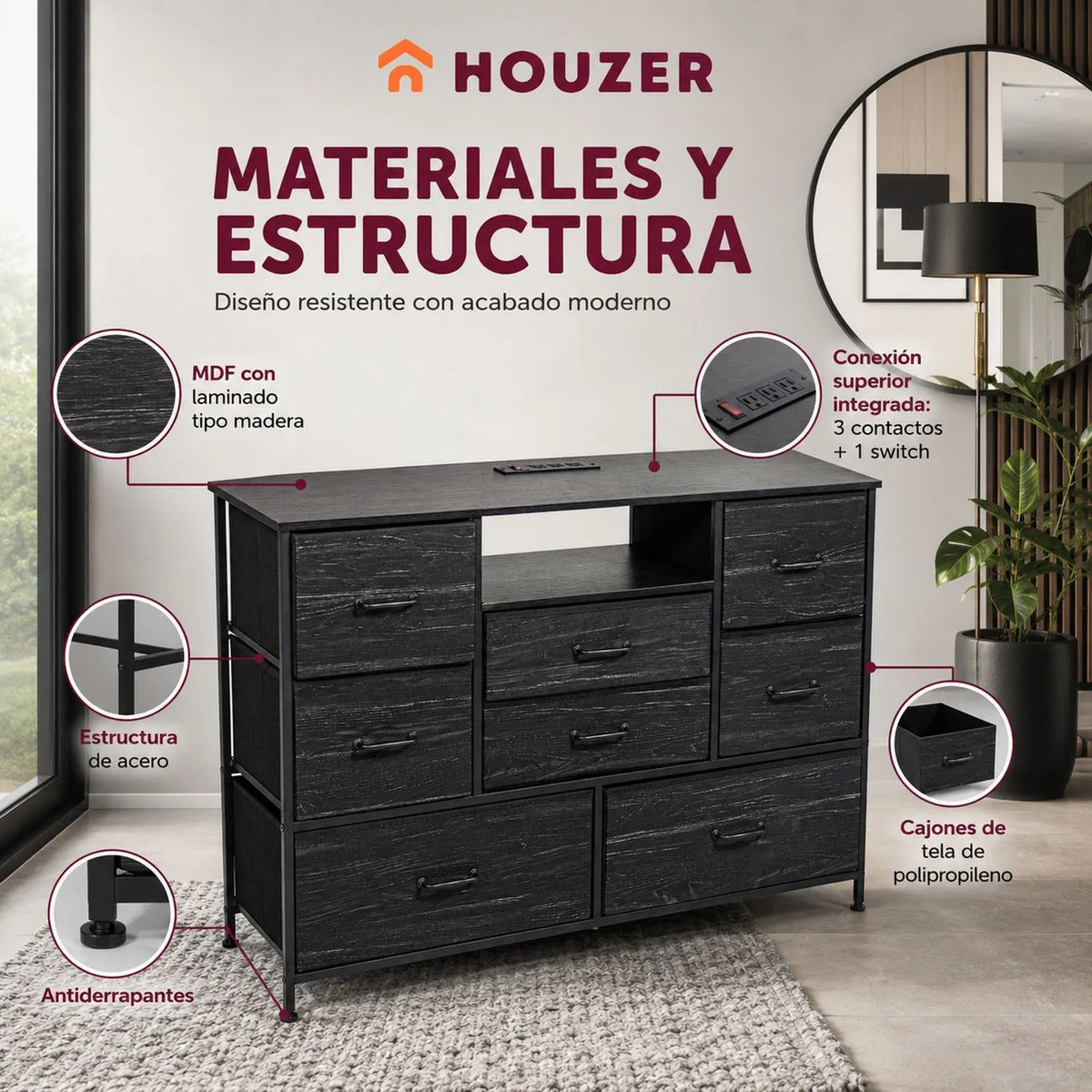 Comoda Cajonera Negra 8 Cajones Estacion Carga Organizador Negro
