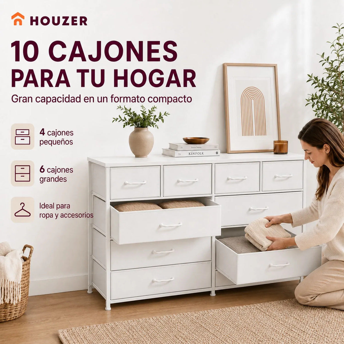 Comoda Cajonera 10 Cajones Tela Marco Acero Organizador Blanco
