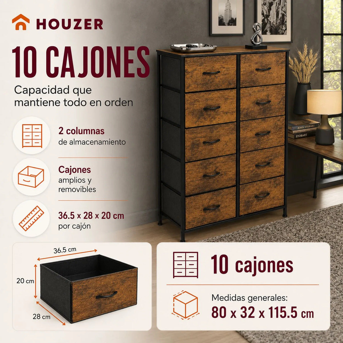 Comoda 10 Cajones Estructura Acero Cajonera Organizadora Marrón