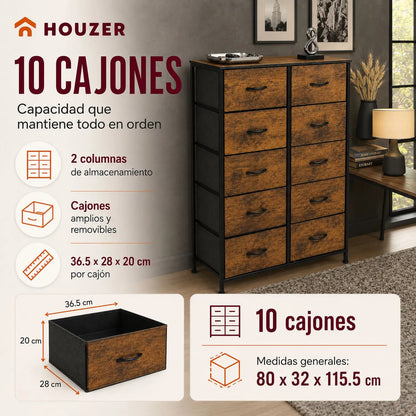 Comoda 10 Cajones Estructura Acero Cajonera Organizadora Marrón