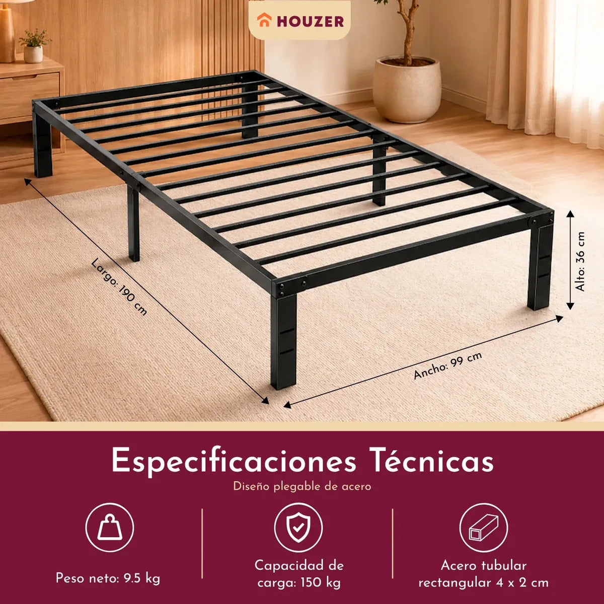Base Cama Individual Plegable Acero Resistente 150kg Hogar Negro