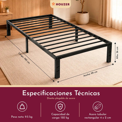 Base Cama Individual Plegable Acero Resistente 150kg Hogar Negro