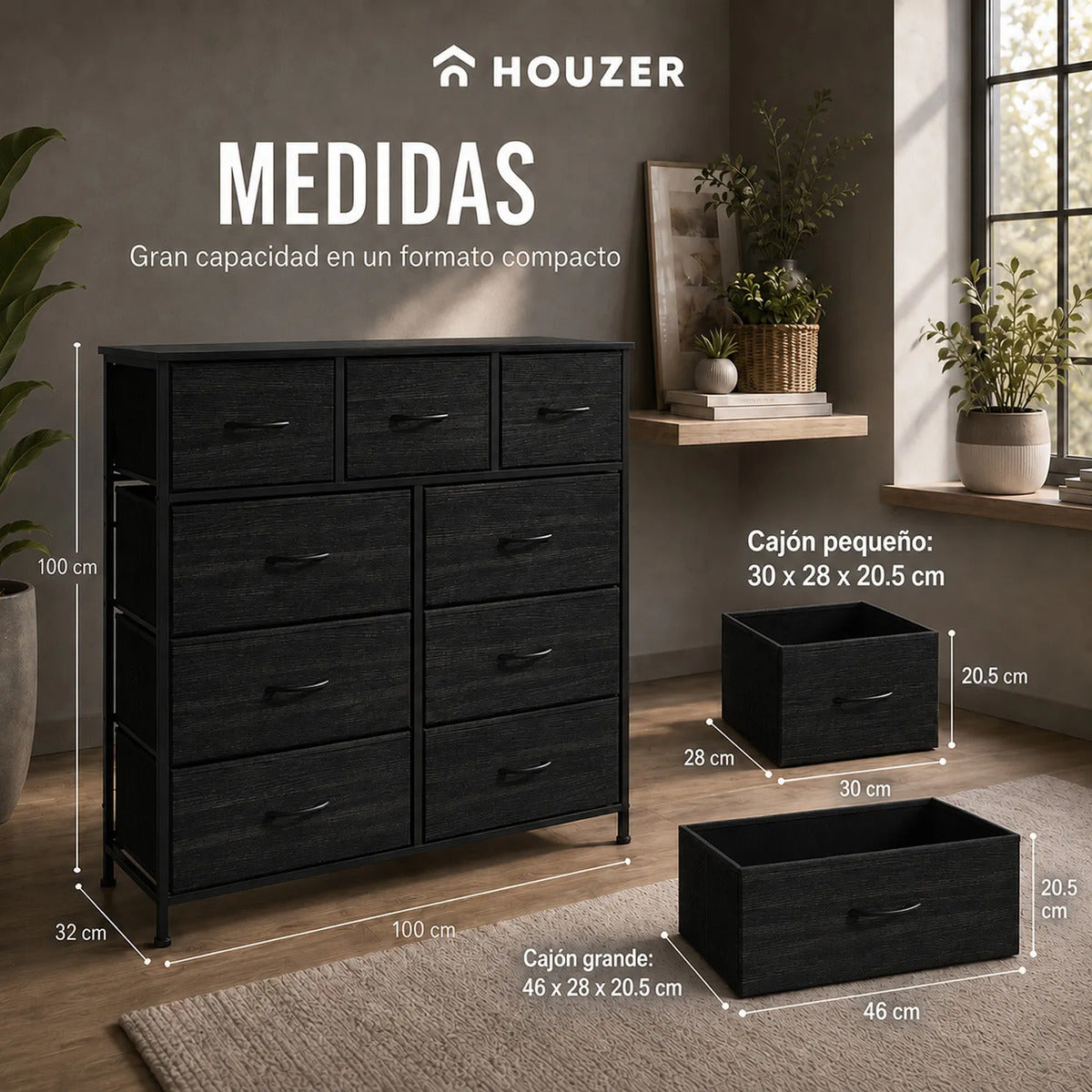 Comoda Cajonera 9 Cajones Tela Marco Acero Organizador Negro