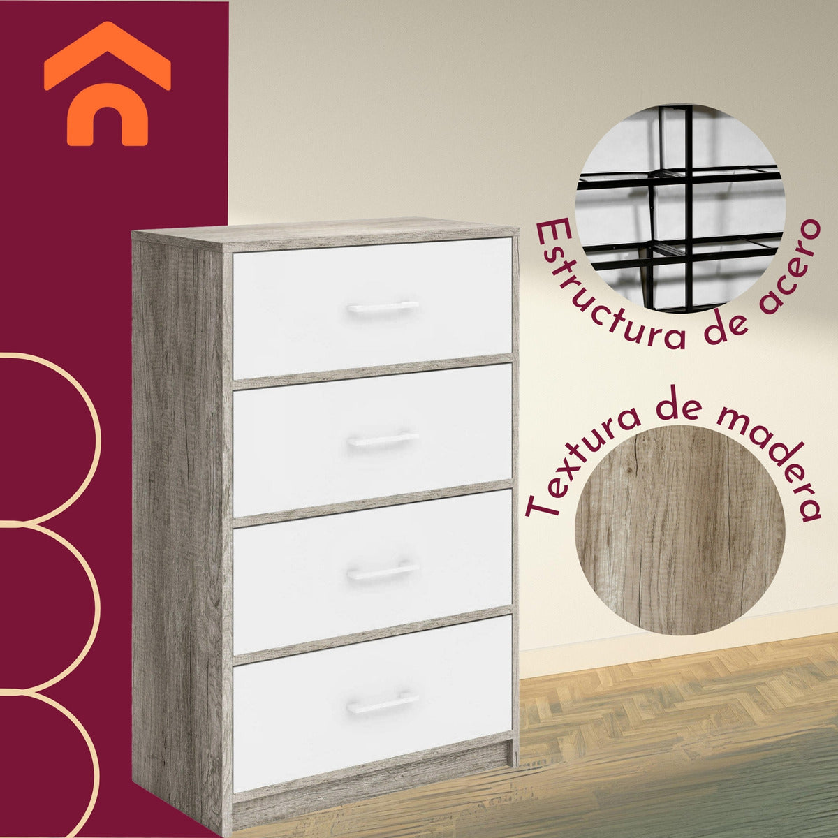 Mueble Comoda Cajonera 4 Cajones Tela Estructura Acero Mdf Color Beige