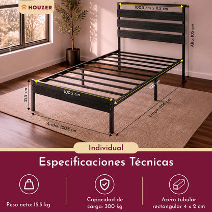 Base Cama Individual Moderna Luz Led Usb C Reforzada 300kg Negro
