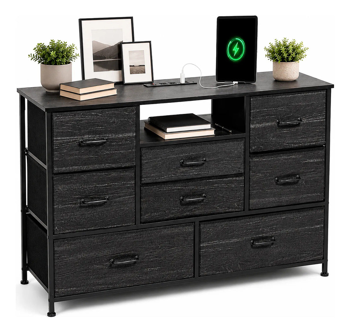 Comoda Cajonera Negra 8 Cajones Estacion Carga Organizador Negro