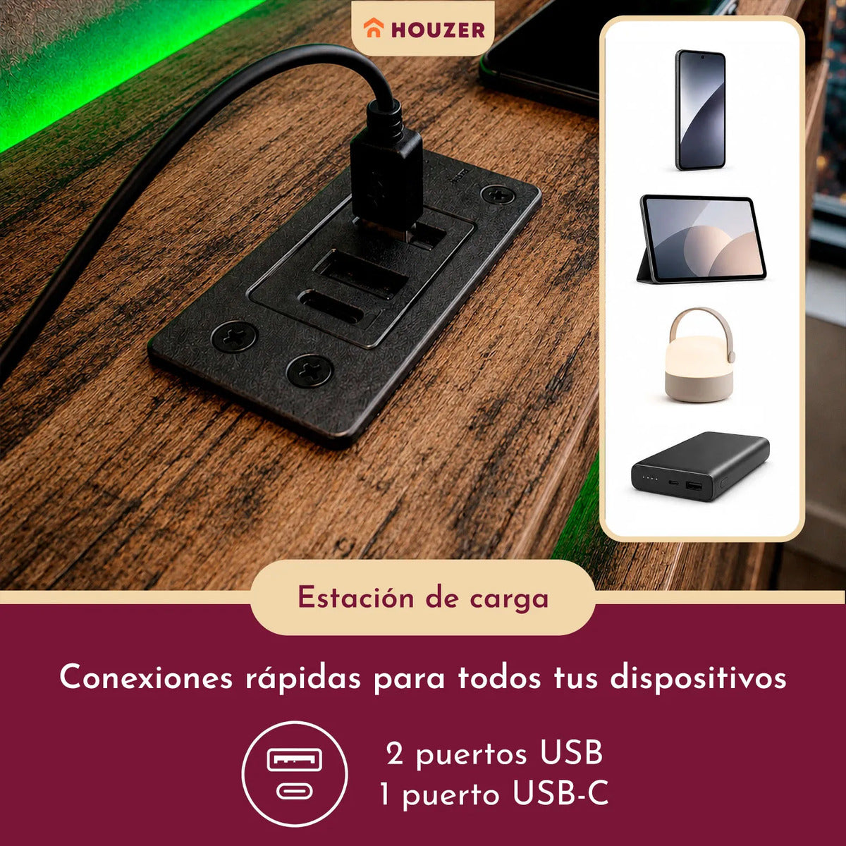 Base Cama Matrimonial Reforzada 750kg Cabecera Luz Led Usb C Marrón