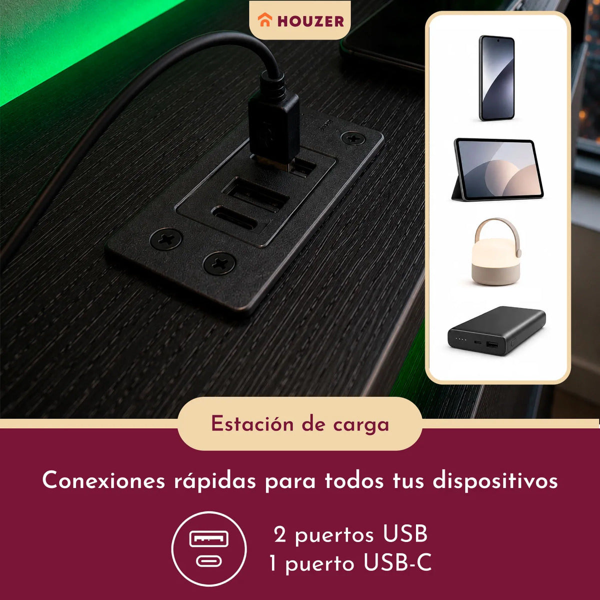 Base Cama Individual Moderna Luz Led Usb C Reforzada 300kg Negro