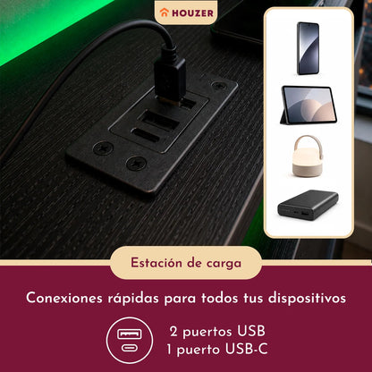 Base Cama Individual Moderna Luz Led Usb C Reforzada 300kg Negro