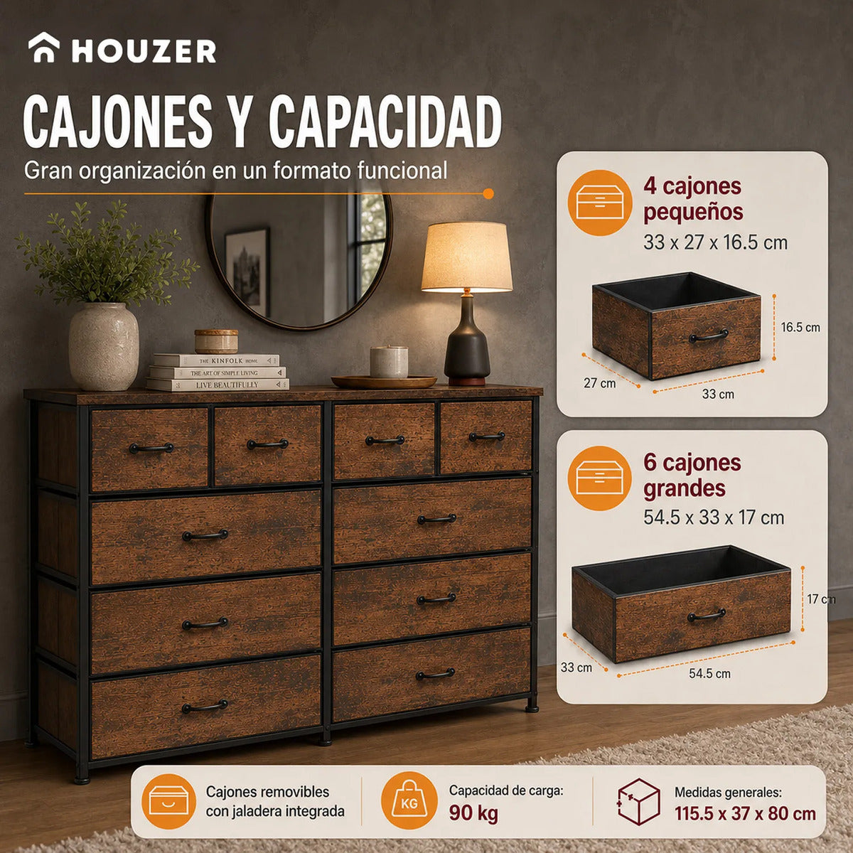 Comoda Cajonera 10 Cajones Tela Marco Acero Organizador Marrón