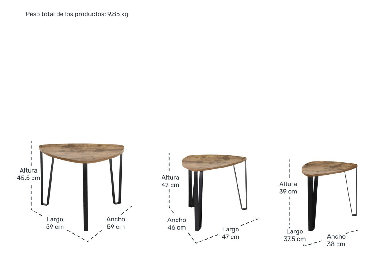 Set Mesa Triangular 3 Industrial Centro Laterales Madera