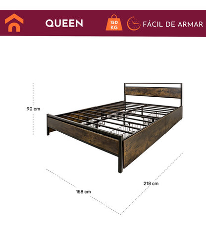 Base Cama Queen Country Tipo Madera Cajones Metal Acero