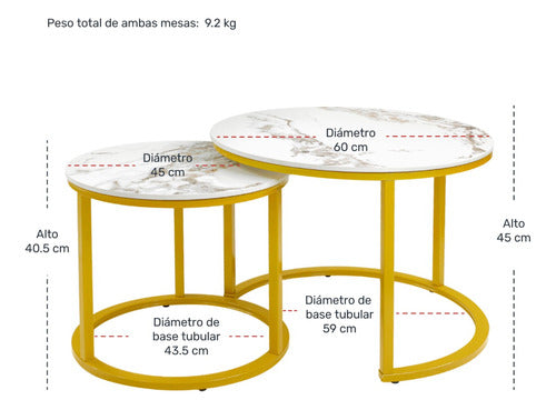 Set 2 Mesas de Centro 60cm Tipo Marmol Mesa para Sala de Estar