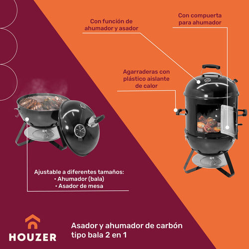 Asador Ahumador Tipo Bala 2 En 1 Carbon 2 Parrillas 20