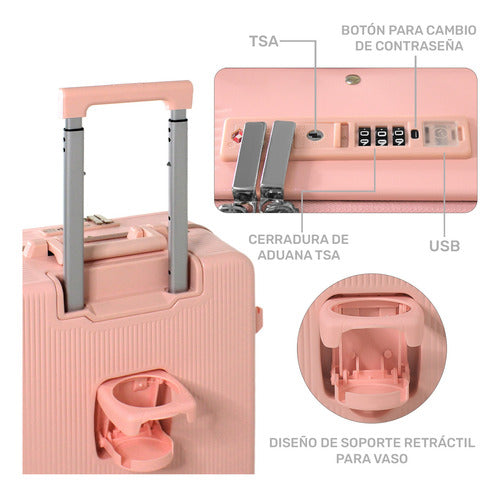 Maleta Cabina Porta Vasos 4 Ruedas Equipaje Doble Seguridad rosa