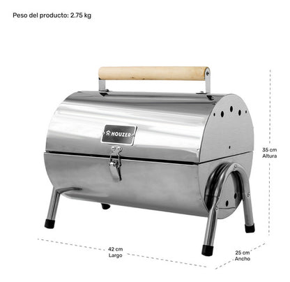 Asador Carbon Portatil Tipo Barril Cromado 2 Parrillas 42x35 Color Cromo