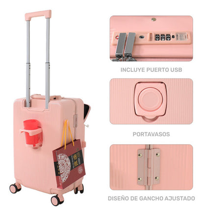 Maleta Cabina Porta Vasos 4 Ruedas Equipaje Doble Seguridad rosa