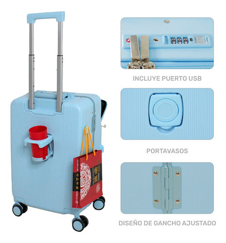 Maleta Cabina Porta Vasos 4 Ruedas Equipaje Doble Seguridad azul