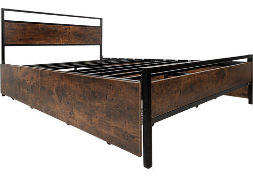 Base Cama Country Matrimonial Tipo Madera Cajones Metal