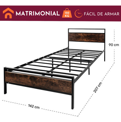 Base Cama Matrimonial Country Tipo Madera Moderna Metal