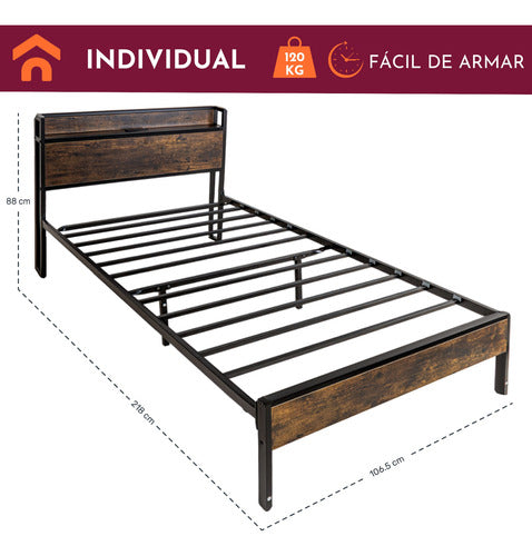 Base Cama Individual Usb Country Tipo Madera Moderna