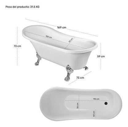 Tina Baño Premium Vintage 179l Fibra Vidrio 169x73x73 Cm