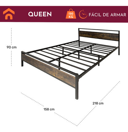 Base Cama Queen Country Tipo Madera Moderna Metal Acero