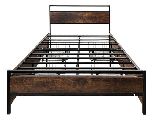 Base Cama Country Matrimonial Tipo Madera Cajones Metal