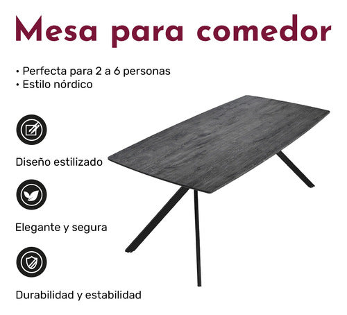 Mesa Comedor 6 Pers Nordico Gris Hogar Lujo 180x90x73