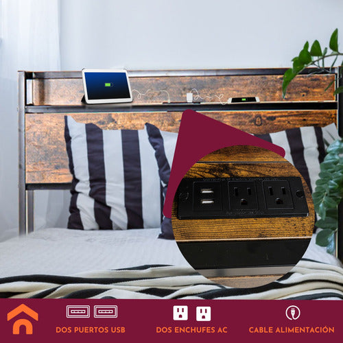 Base Cama Individual Usb Country Tipo Madera Moderna